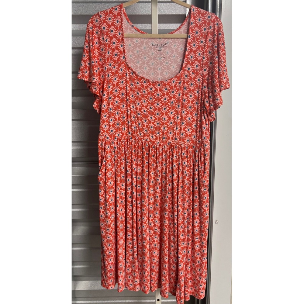 Torrid Super Soft Knit Orange Blue Sunburst Floral Pocket Dress Size 1 Plus XL